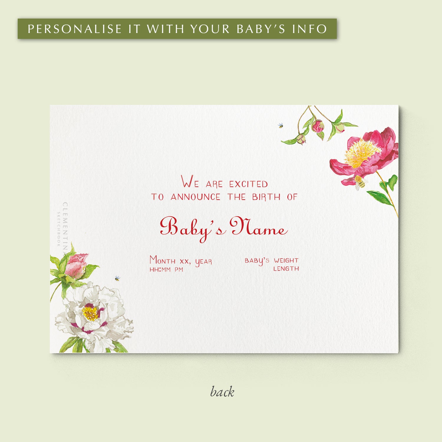 Peonies birth announcement - PRINTED - 03