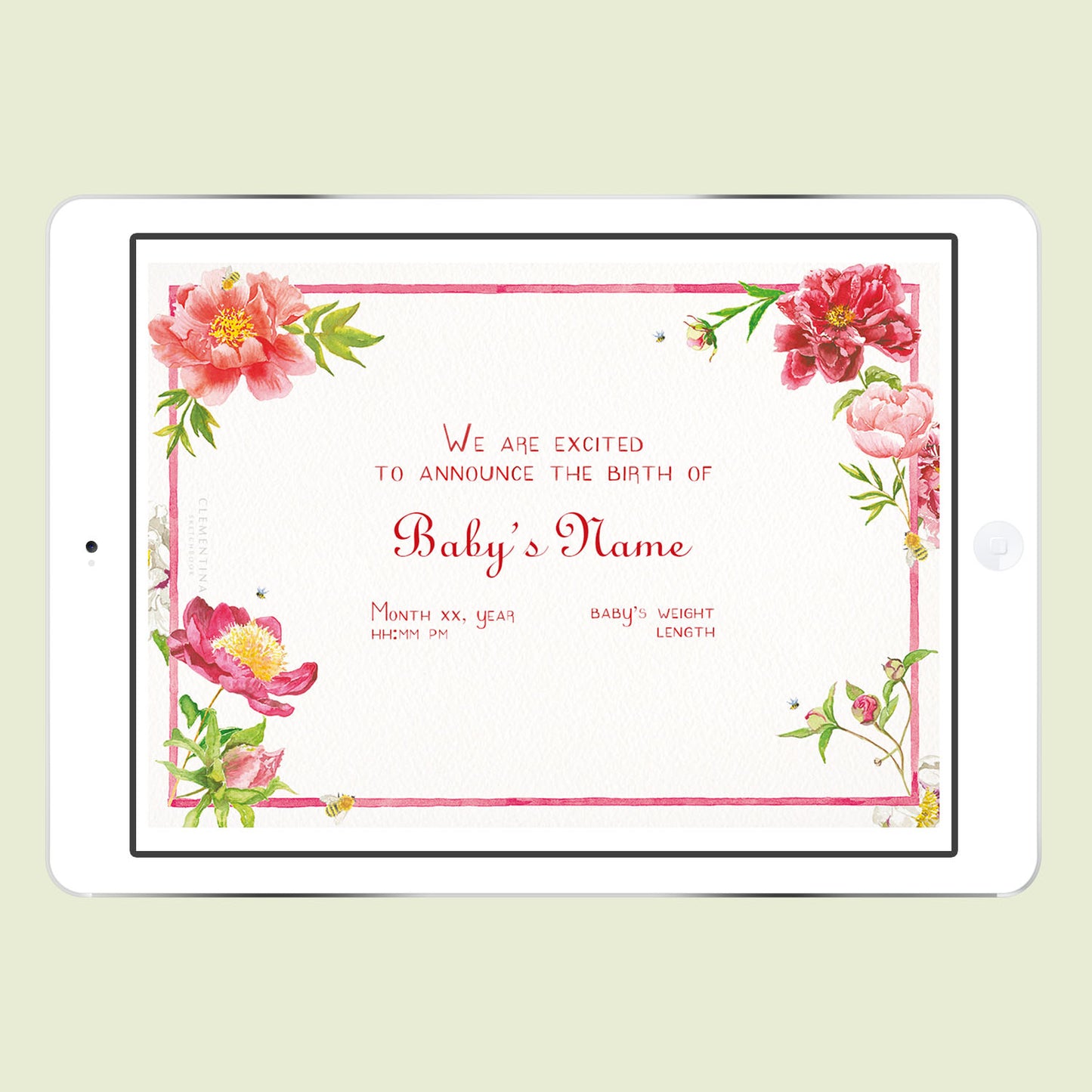 Peonies Digital Birth Announcement
