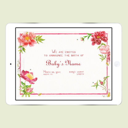 Peonies Digital Birth Announcement