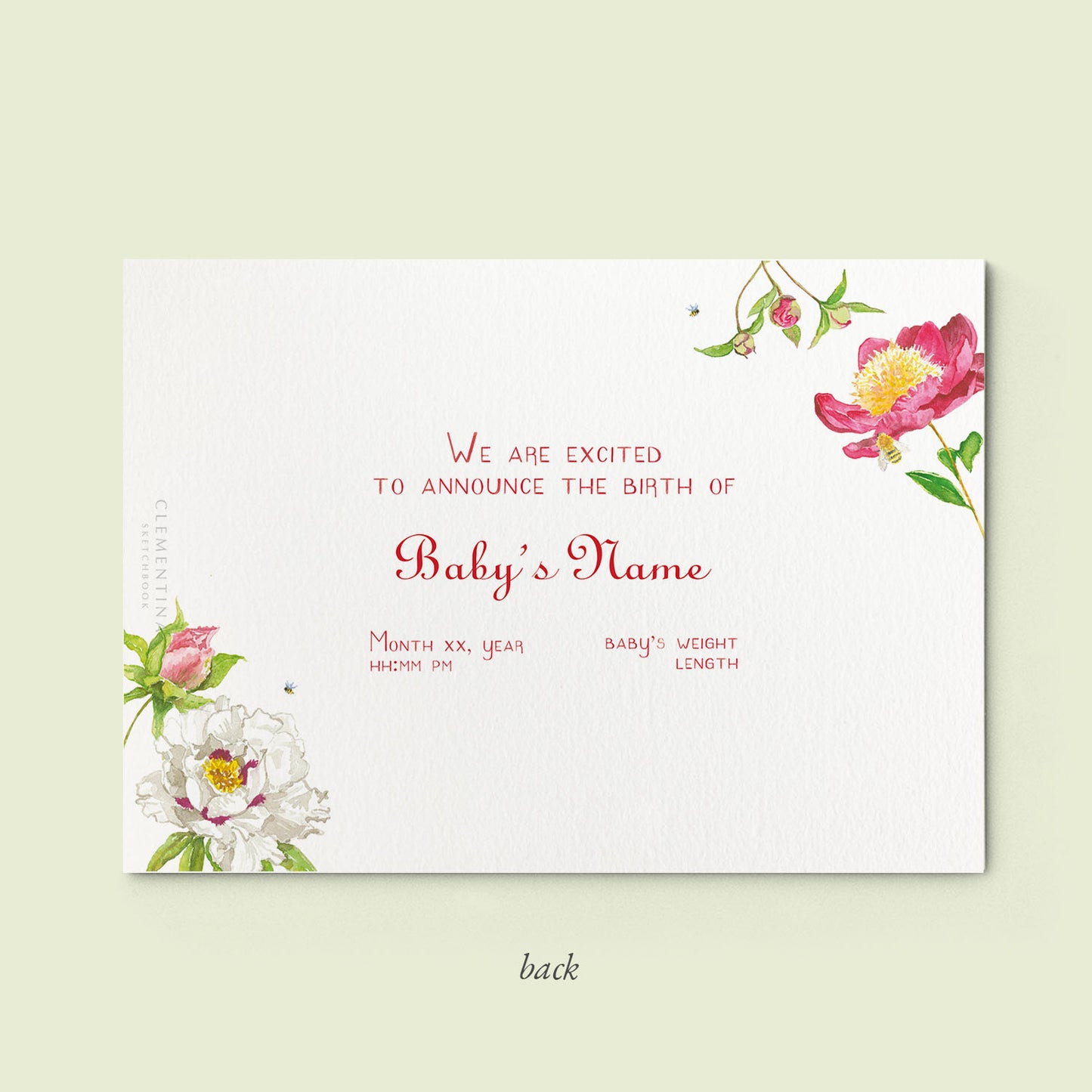 Peonies Printed Birth Announcements with Photo