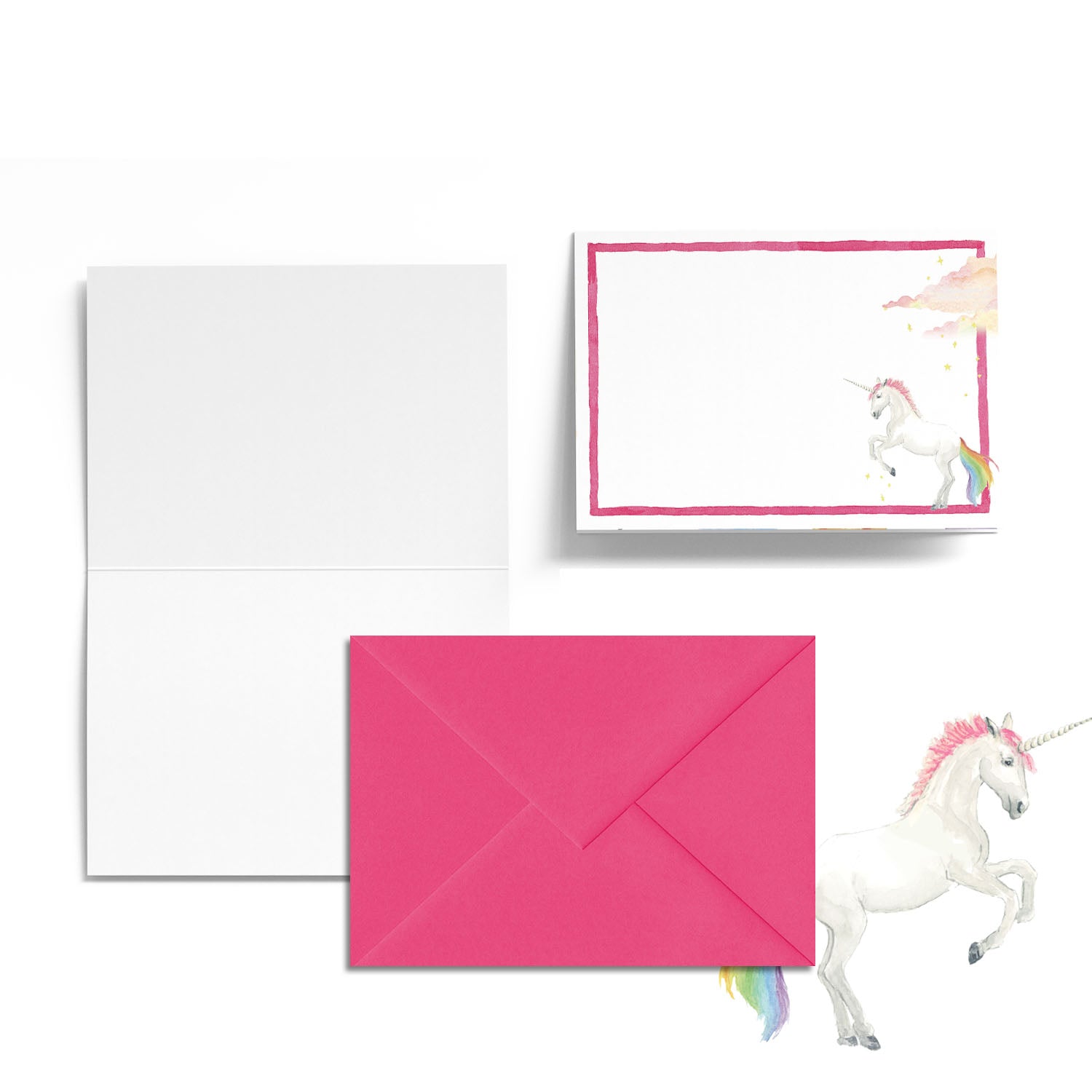 Image of the outside and inside of a Clementina Sketchbook unicorn mini personal stationery card, with horn watercolour designs and a bright pink envelope.