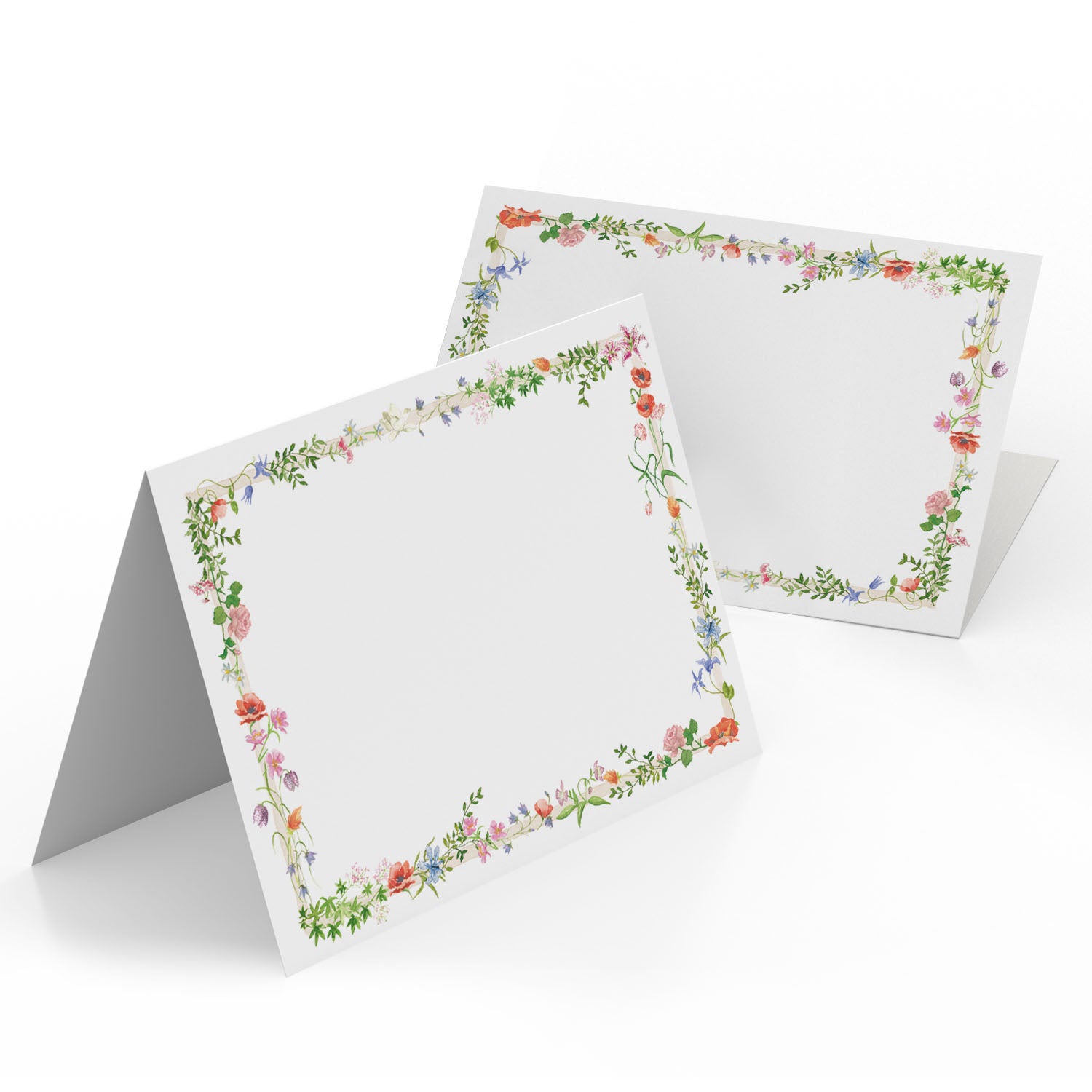 Image of two Clementina Sketchbook floral place cards, featuring wild bloom hand-painted designs.